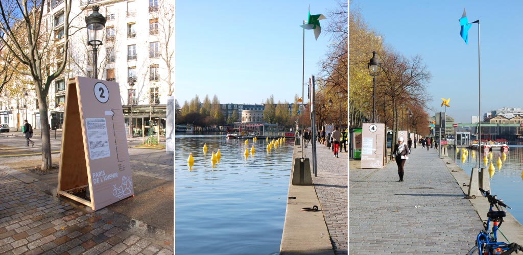 Signalétique du parcours de l'exposition et moulins à vent