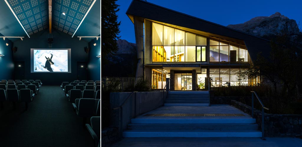 Salle de cinéma et vue extérieure du bâtiment de nuit