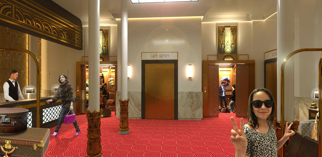 Hall du grand hotel : caisses et vestiaire